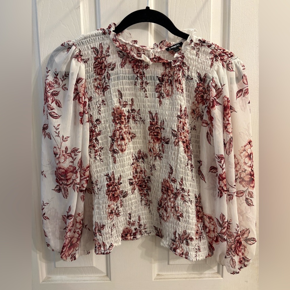 Express Floral Smocked Blouse - White and Red